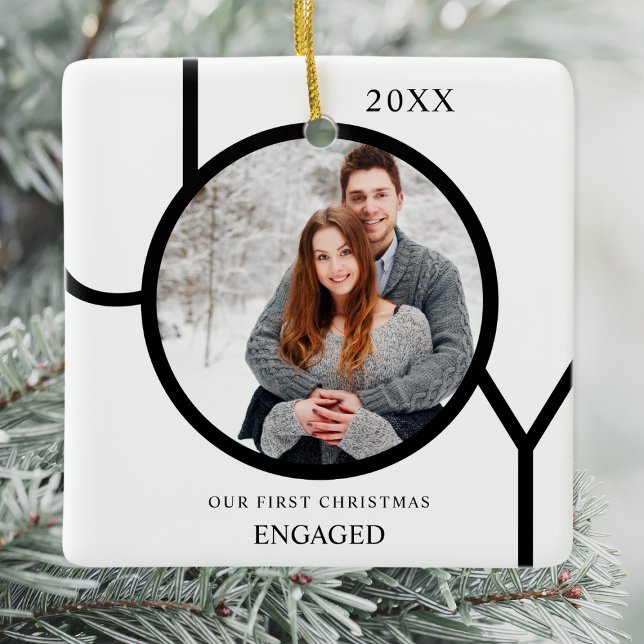 Modern First Christmas Engaged Photo Ceramic Ornam Ornament (Creator Uploaded)