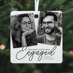 Modern First Christmas Engaged Photo Holiday Metal Tree Decoration