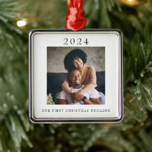 Modern First Christmas Engaged Photo Metal Tree Decoration