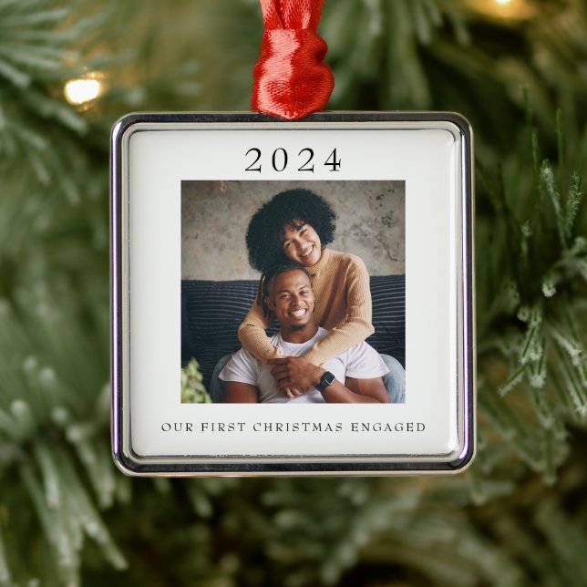 Modern First Christmas Engaged Photo Metal Tree Decoration (Tree)