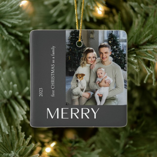 Modern First Christmas Family Merry Photo Collage Ceramic Ornament (Tree)