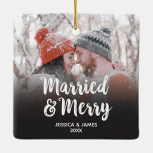 Modern First Christmas Married and Merry Photo Ceramic Ornament