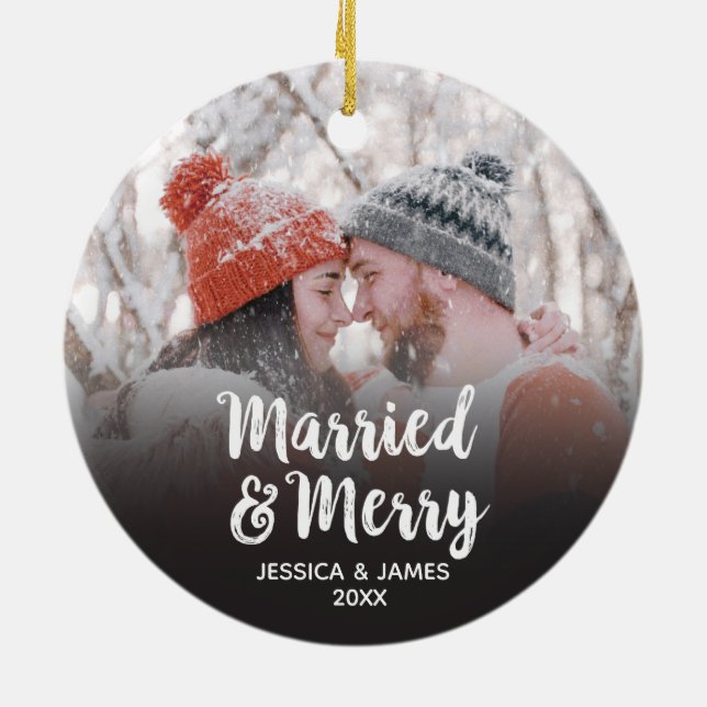 Modern First Christmas Married and Merry Photo Ceramic Tree Decoration (Back)