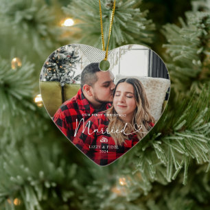 Modern First Christmas Married  Newlywed Photo  Ceramic Tree Decoration