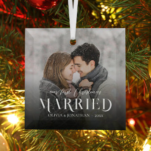 Modern First Christmas Married Newlywed Photo Glass Tree Decoration