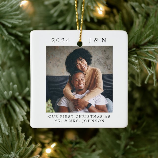 Modern First Christmas Married Photo Ceramic Ornament (Tree)
