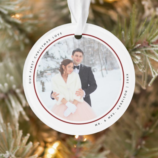 Modern First Christmas Mr and Mrs 2 Photos Acrylic Ornament (Tree)