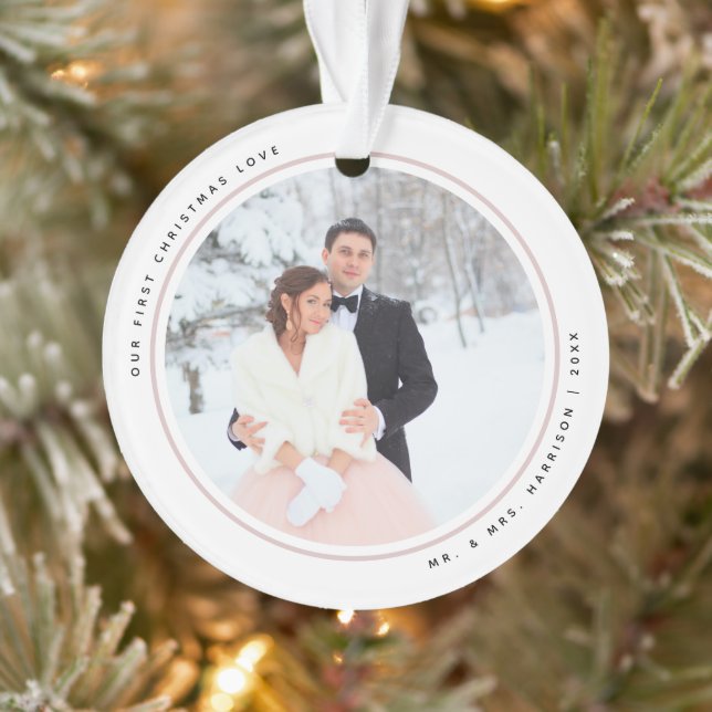 Modern First Christmas Mr and Mrs 2 Photos Acrylic Ornament (Tree)