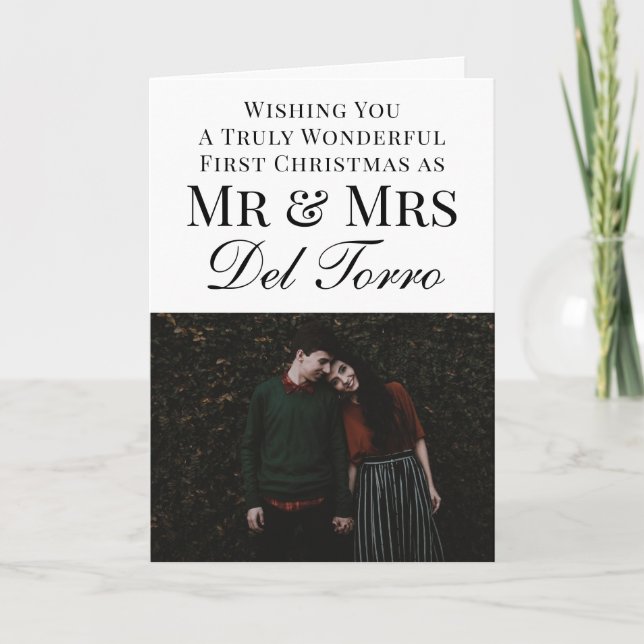 Modern First Christmas Mr and Mrs Photo Christmas Holiday Card (Front)