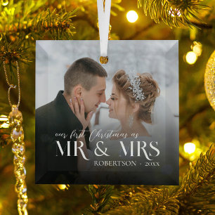 Modern First Christmas Mr & Mrs Newlywed Photo Glass Tree Decoration