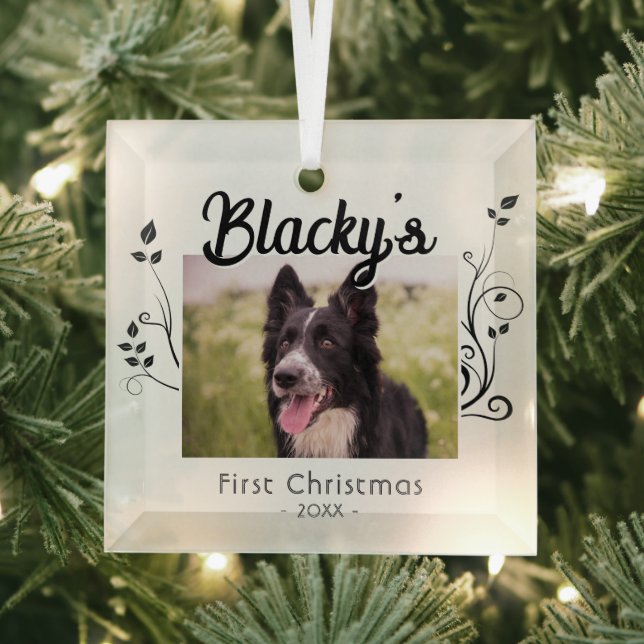 Modern First Christmas Puppy Foliage Red Photo Glass Tree Decoration (Insitu)