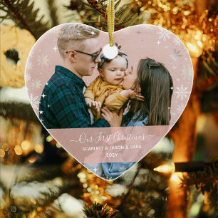 Modern First Christmas Together 2 Photos Heart Ceramic Tree Decoration
