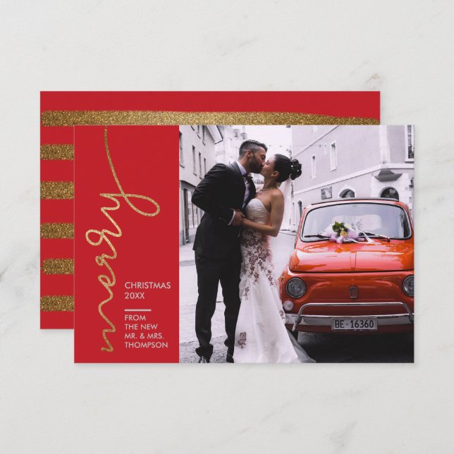 Modern First Christmas Wedding Faux Gold Card (Front/Back)
