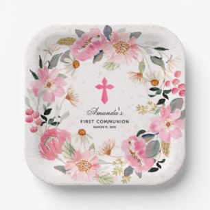 Modern First Communion Pink Floral Girl  Paper Plate