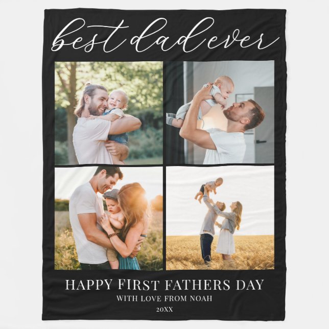 Modern First Fathers Day 4 Photo Collage Fleece Blanket (Front)