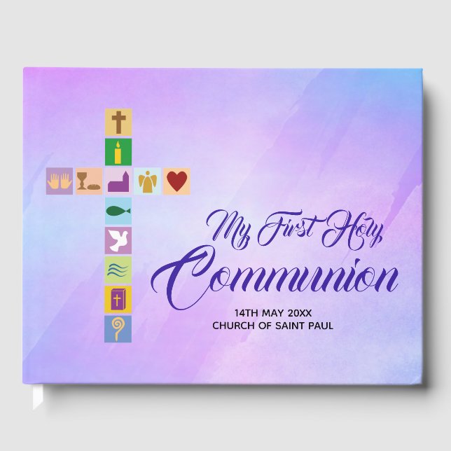 Modern First Holy Communion Colourful Cross Symbol Guest Book (Front)