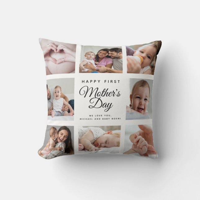 Modern First Mother's Day Baby Photo Collage Cushion (Front)