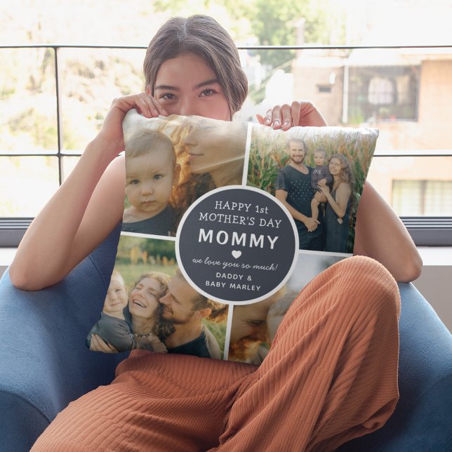 Modern First Mother's Day Mummy 4 Photo Collage Cushion (Creator Uploaded)