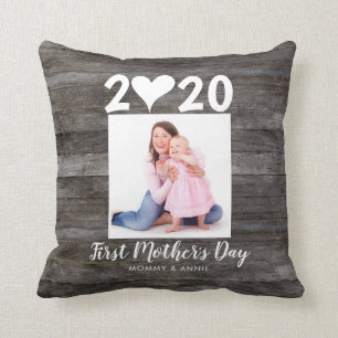 Modern First Mother's Day Script Heart Photo Wood Cushion