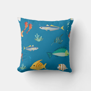 Modern Fish and Seahorse illustrated Pattern Blue Cushion