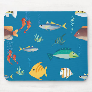 Modern Fish and Seahorse illustrated Pattern Blue Mouse Mat
