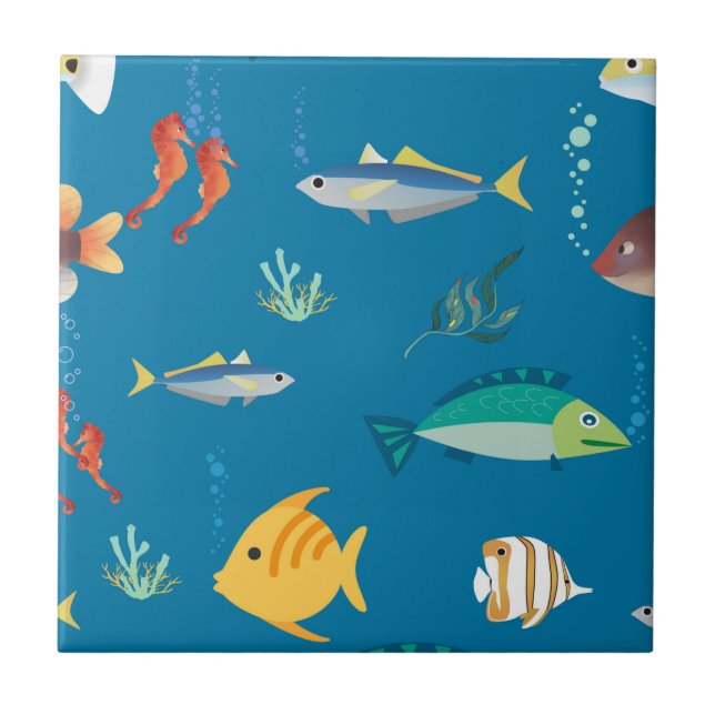 Modern Fish and Seahorse illustrated Pattern Blue Tile (Front)