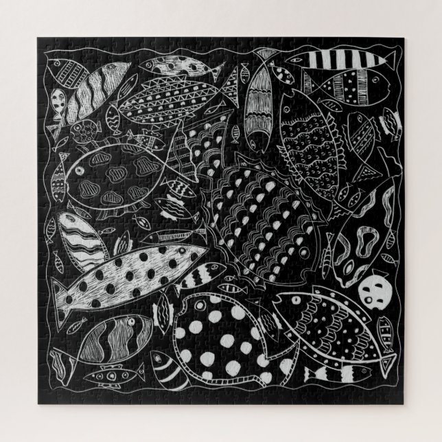 Modern Fish Pattern Black And White  Jigsaw Puzzle (Vertical)