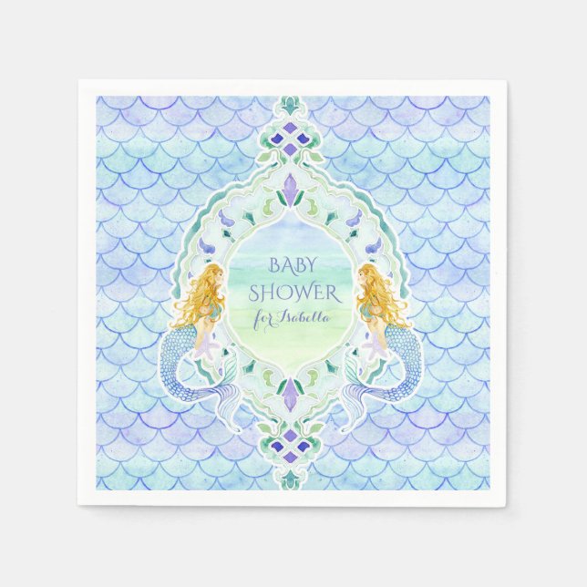 Modern Fish Scale Mermaid Baby Shower Watercolor Napkin (Front)