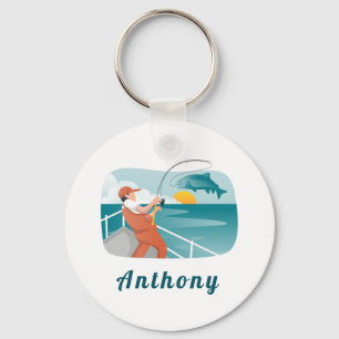 Modern Fisherman Illustration Fishing Lover's Name Key Ring