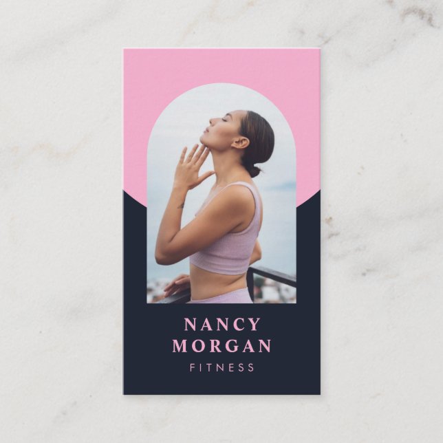 Modern Fitness Arch Photo QR Code Blush Pink  Business Card (Front)