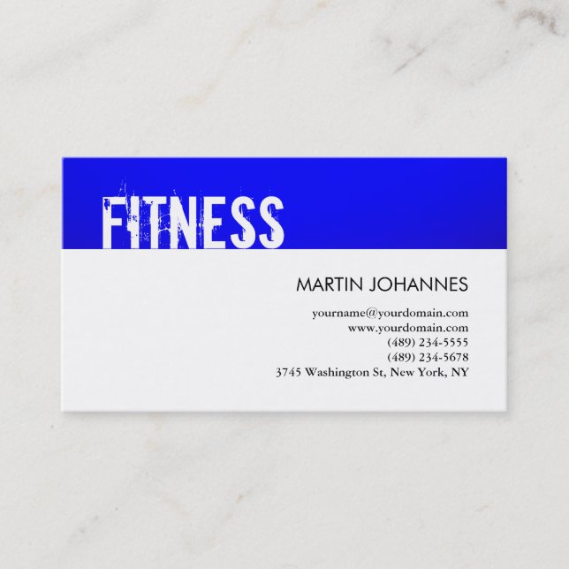 Modern Fitness Sport Blue White Business Card (Front)