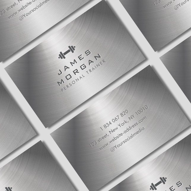 Modern Fitness Trainer Dumbbell Metal Texture Business Card (Creator Uploaded)