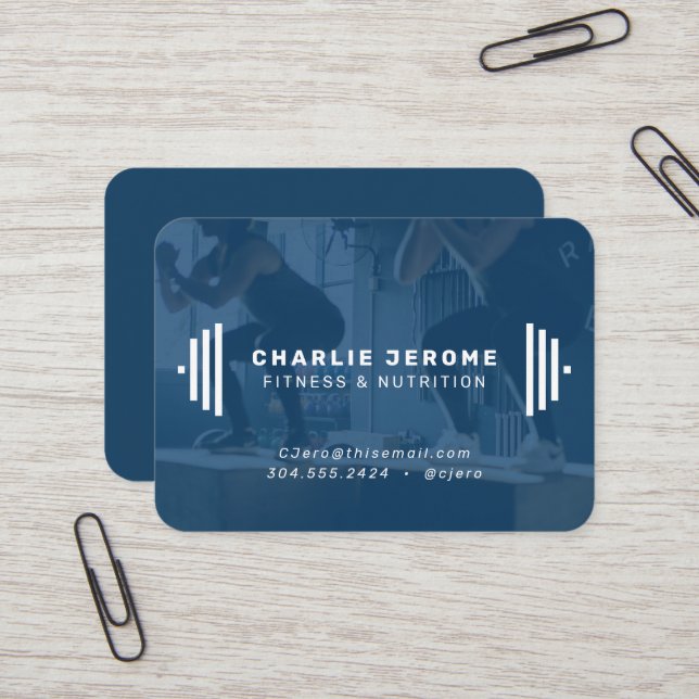 Modern fitness trainer navy blue photo business card (Front/Back In Situ)