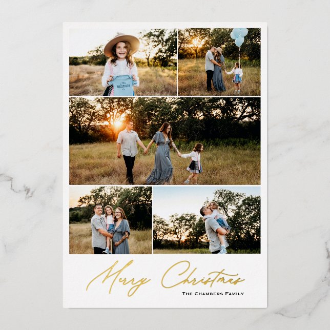 Modern five photo Merry Christmas Minimal Foil Holiday Card (Front)