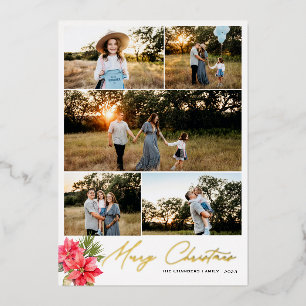 Modern five photo Merry Christmas Poinsettia Foil Holiday Card