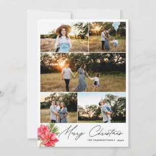 Modern five photo Merry Christmas Poinsettia Holiday Card