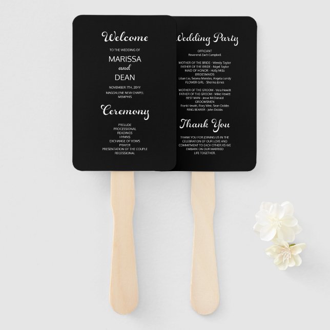 Modern Flair Script Minimal Black Wedding Program Hand Fan (Front and Back)