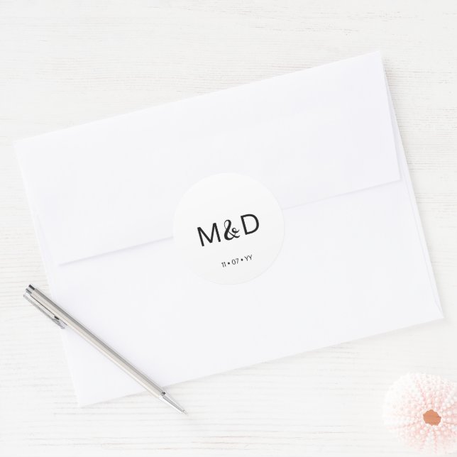 Modern Flair Script Minimal Monogram White Wedding Classic Round Sticker (Envelope)