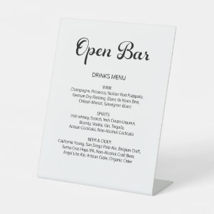Modern Flair Script Minimal Open Bar White Wedding Pedestal Sign