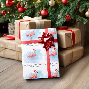 Modern Flamingo Christmas Hat Watercolor Wrapping Paper