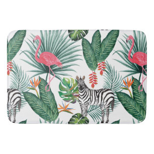 Modern flamingo zebra tropical leaf watercolor bath mat