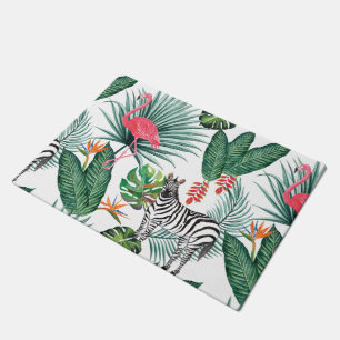 Modern flamingo zebra tropical leaf watercolor doormat