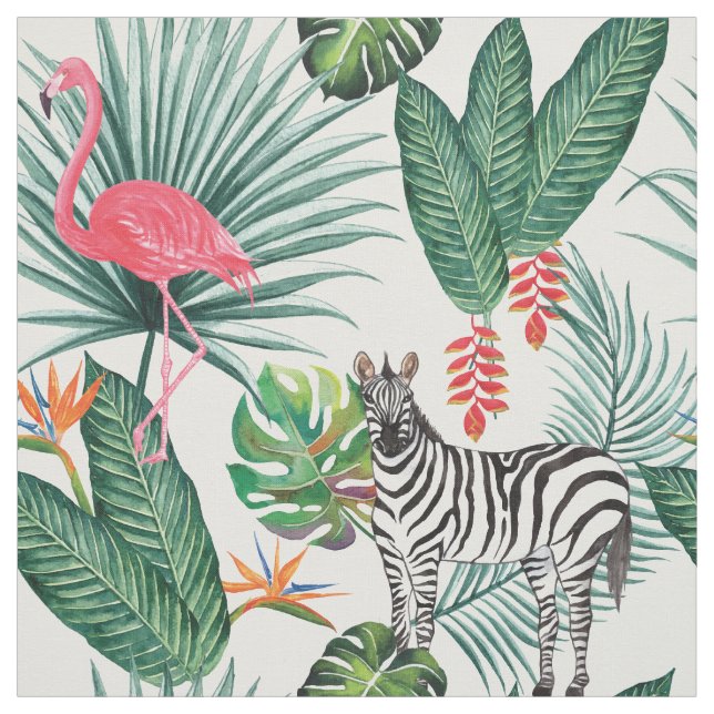 Modern flamingo zebra tropical leaf watercolor fabric (Swatch)