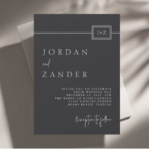 Modern Flat Black Minimalist Monogram Wedding Invitation