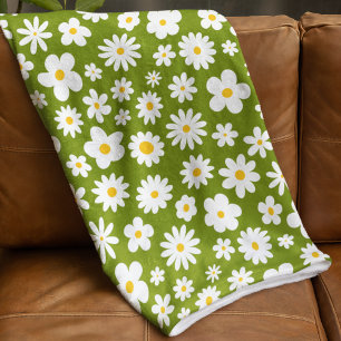 Modern Flat Graphic Daisy Green Fleece Blanket