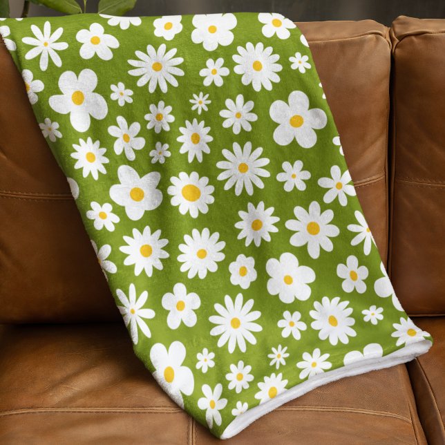 Modern Flat Graphic Daisy Green Fleece Blanket (Creator Uploaded)