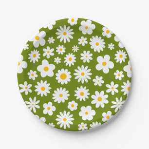 Modern Flat Graphic Daisy Green Paper Plate
