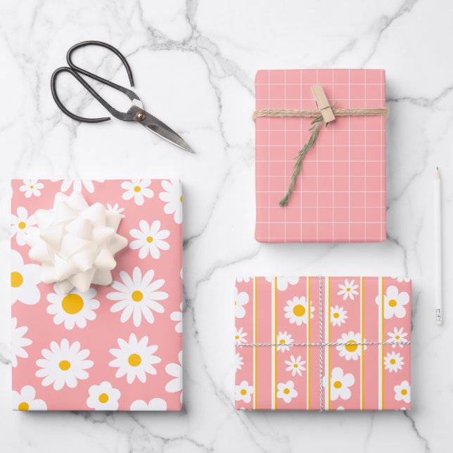 Modern Flat Graphic Daisy Pink Any Occasion Wrapping Paper Sheet (Front)
