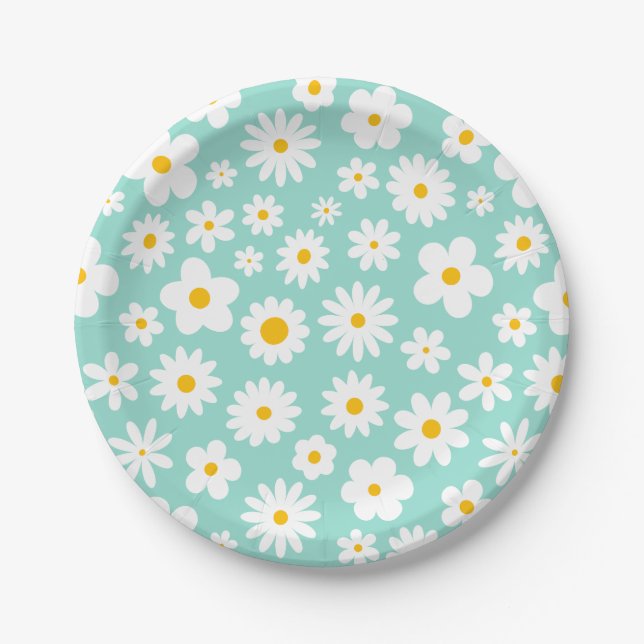 Modern Flat Graphic Daisy Robin's Egg Blue  Paper Plate (Front)