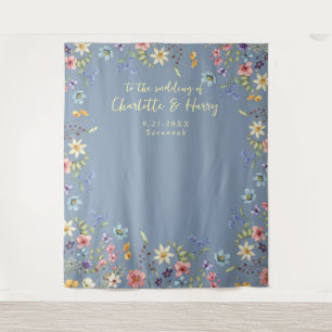 Modern Flora Blue Wedding Photo Backdrop Tapestry